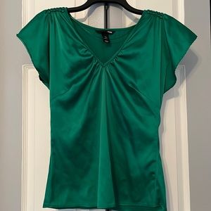 H&M emerald green satin deep v blouse, shoulder details